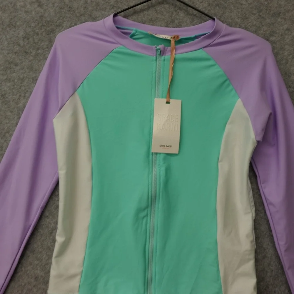 Girls Swim Shirt Kids 12 Y Purple Green Rash Guard Y2K Pastel GRACE KARIN NEW